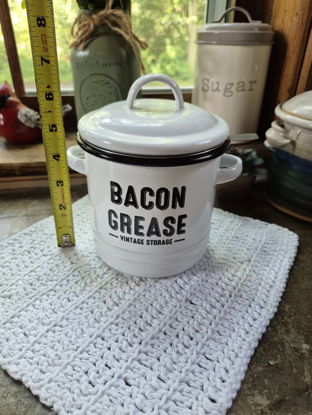Large Enamel Bacon Grease Container With Metal Mesh Strainer And Lid